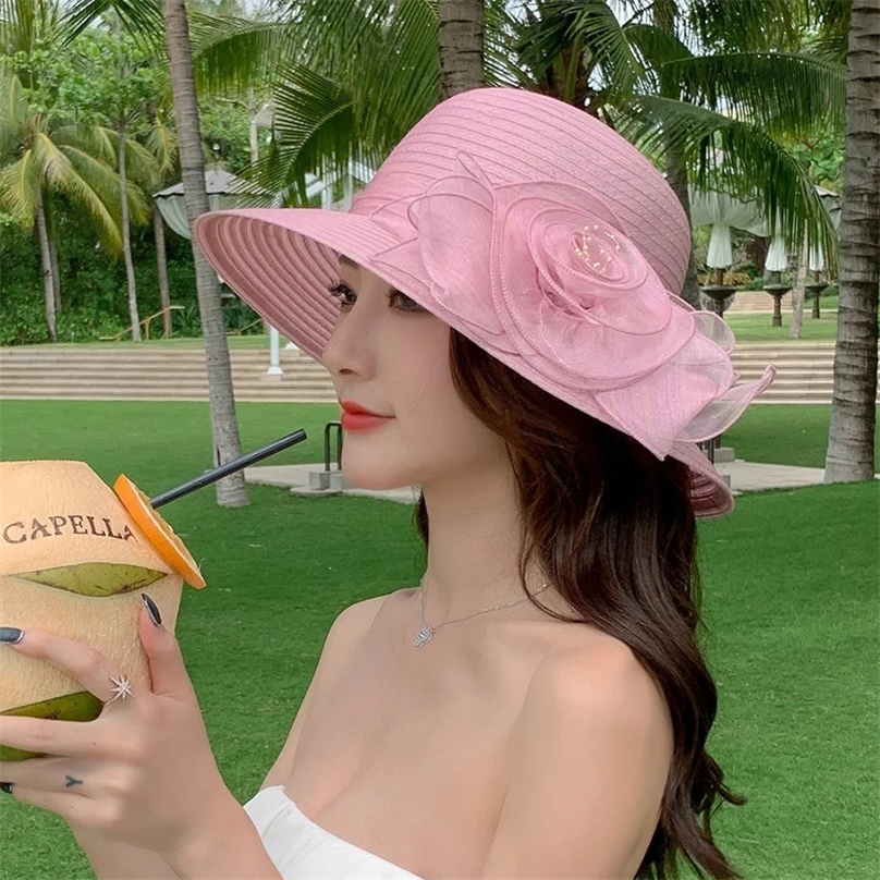Summer Wide Brim Elegant Flower Organza Sun Hat Fashion Women Church Wedding Party Hats Sun Protection Beach Cap 240522