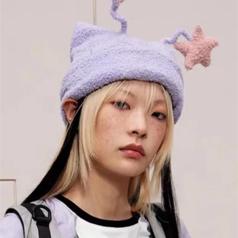 Kawaii Cute Ins Knitted Beanie Hat Girl Contrast Color Knitting Star 3D Cap Autumn Women Y2k Aesthetic Grunge Streetwear Hats 240514