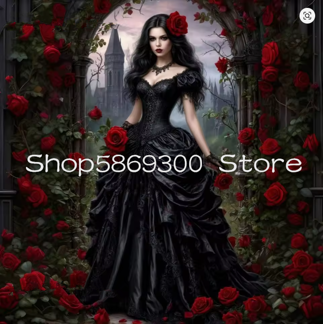 Gothic Black prom dresses Off Shoulder Ruched Vintage Victorian Lace Appliques Corset Satin evening gown Vestidos Customized