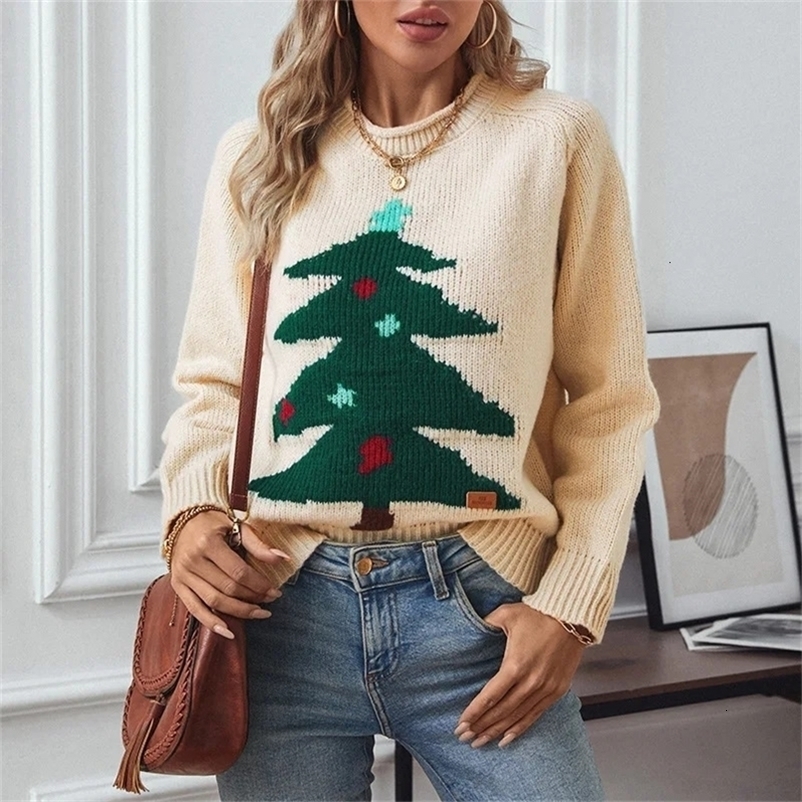 Drizzle Christmas Tree Pendant Sweater Womens Autumn and Winter Round Neck Loose Holiday Knitted 241021