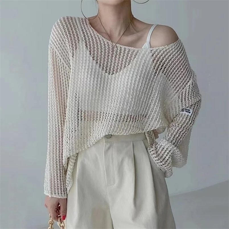 Womens Knitted Sweaters Lady Hollow Out Mesh Thin Pullover See Through Look Long Sleeve Loose Tops Smock 250314