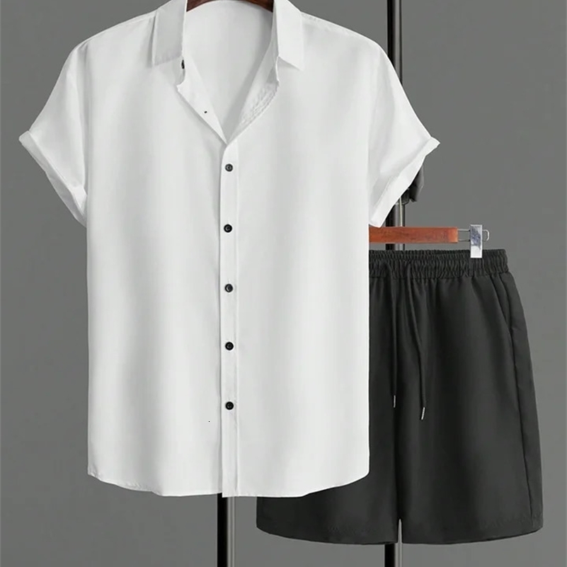 2024 Solid Color Mens Short-sleeved Shirt And Sports Shorts Set Summer Everyday Mens Casual Shirt Simple Mens Beach Pants 250206