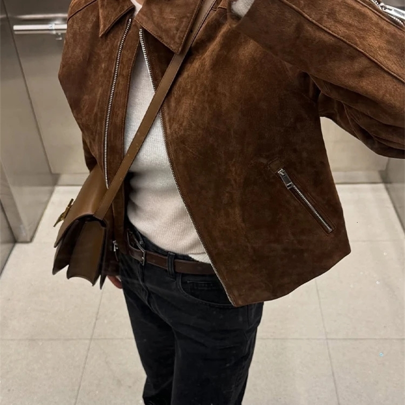 2025 Spring Suede Womens Jacket Turn-down Collar Long Sleeve Zipper Female Coats Street Fashion Retro Brown Lady Crop Outwear250324bj