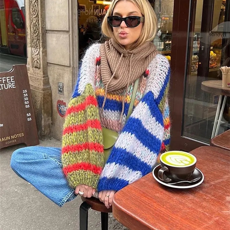 Elegant O-neck long puff sleeve knitted floral womens fashionable colorful striped oversized sweater 2024 fashionable womens coat 240914bj