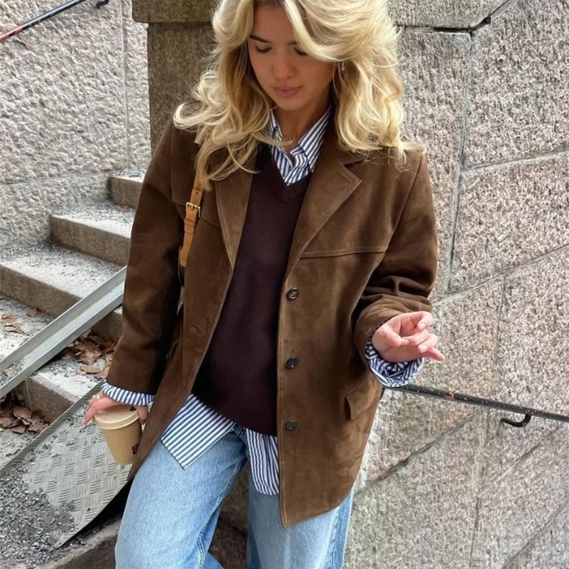Women Chic Brown Casual Suede Jackets Lapel Long Sleeve Single Breasted Pockets Coats Autumn Solid Office Lady Commuting Tops 241120