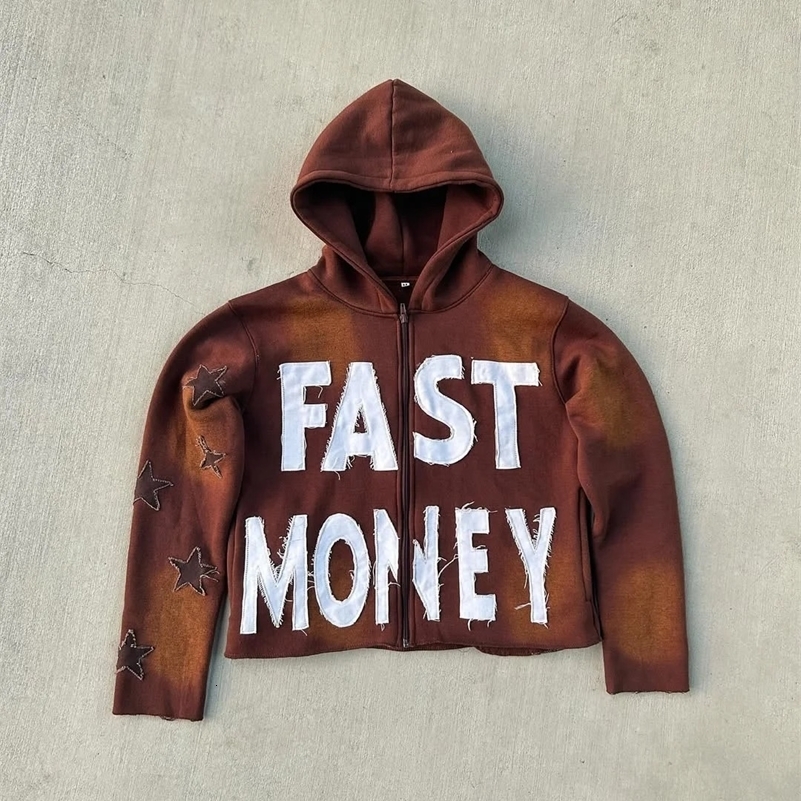Y2K niche hip-hop personality retro letter rough print zipper cardigan loose casual sports couple fashion sweatshirt hoodie 250322
