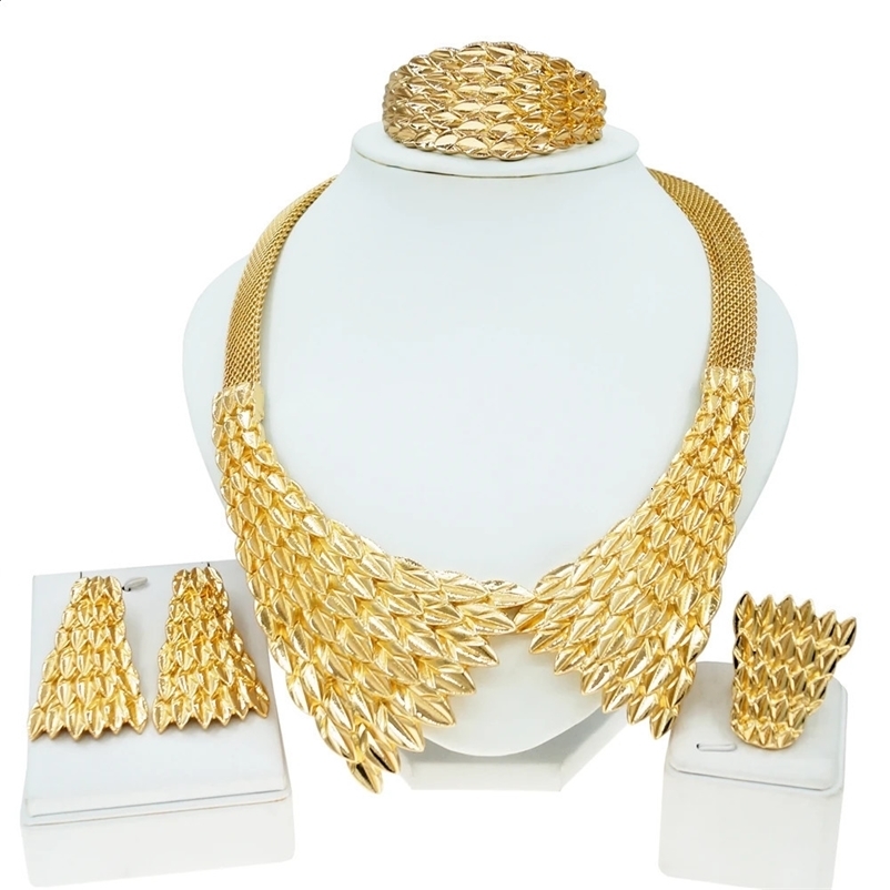 Womens jewelry set gold-plated necklace earrings pendant feather shape simple and fashionable gift SYHOL 240808bj