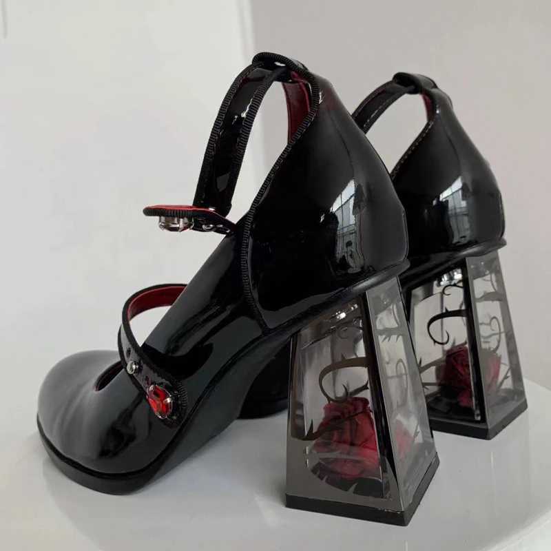 Punk Gothic High Heels Pumps Woman Ankle Straps Black Mary Jane Shoes Women 2025 New Rose Heeled Patent Leather Lolita Shoes Z250923