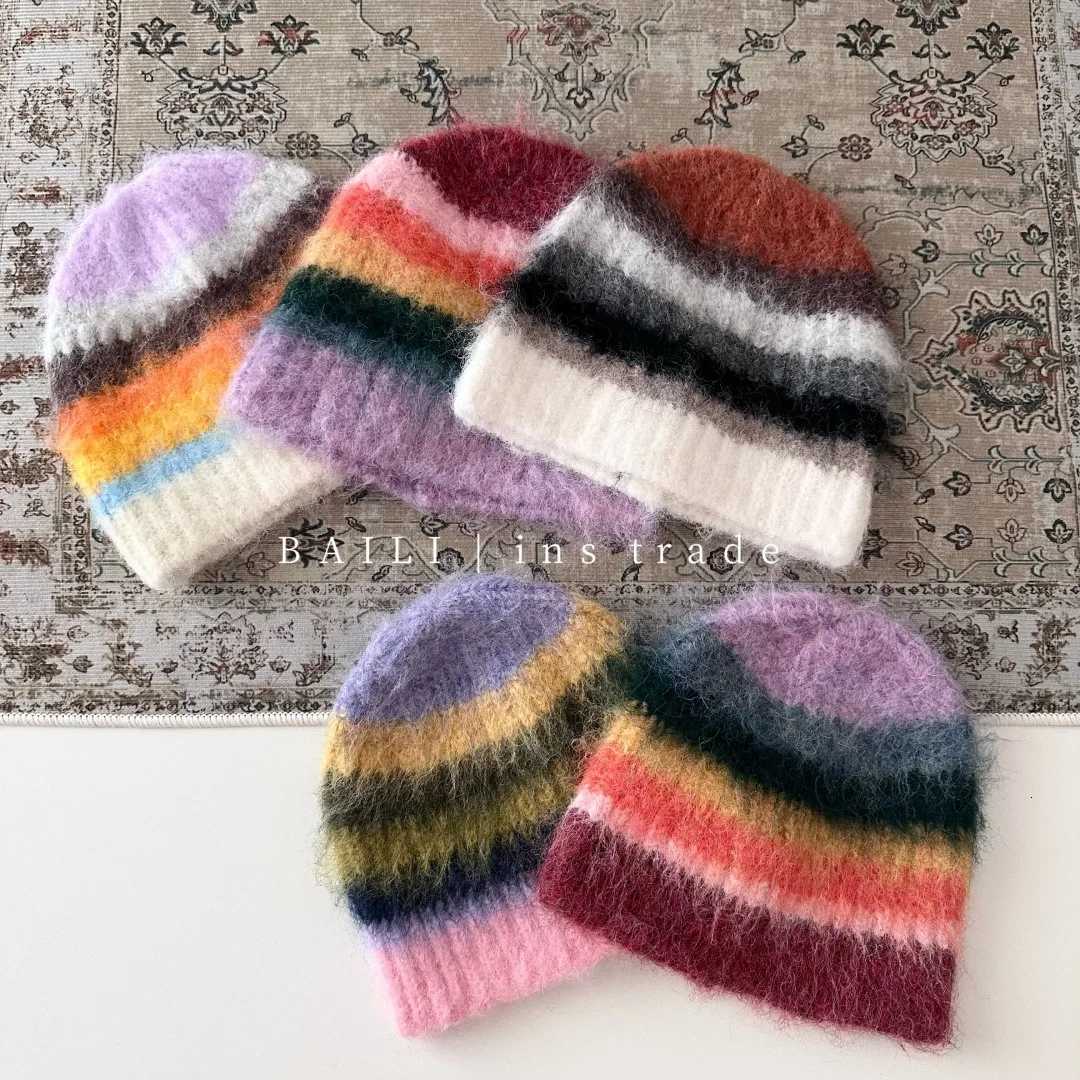 Korean Striped Plush Knitted Beanie Cap Women Autumn Winter Headgear Warm Ear Protection Cold Wool HatXJ250923