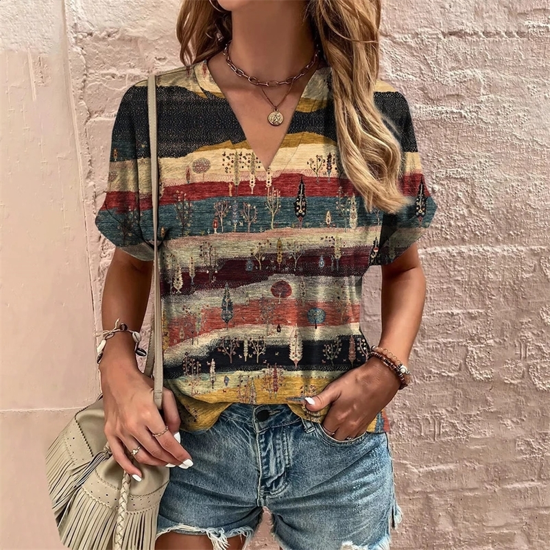 Retro womens summer T-shirt V-neck short sleeved T-shirt casual Harajuku striped printed womens streetwear zipper top 240824bj