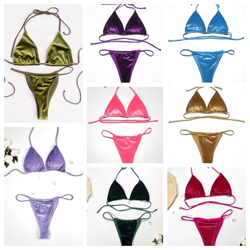 Sexy Velvet Swimsuit for Women Micro Bikini Set Thong Swim Suit 2 Piece Bathing Suit for Ladies Green String Bikini 250327