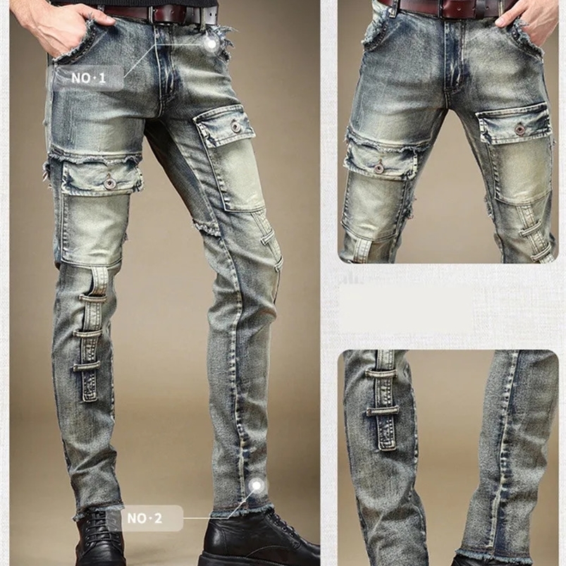 Fashion Mens Pants High Quality Pockets Stretch Y2k Jeans Vintage Blue Moto Denim Trousers Autumn Streetwear Mens Clothing 240819