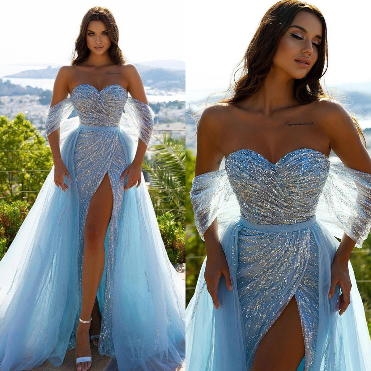 Sparkle Sequined Evening Dresses A Line Strapless High Slit Prom Dresses with Tulle Train Plus Size Formal Birthday Party Celebration Ball Gowns