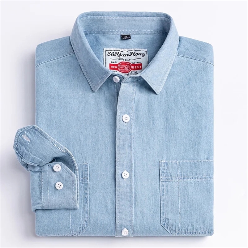 Denim Pocket Shirt Classic 100% Cotton Long-Sleeve Fashion Embroider Comfortable Clothes 240827