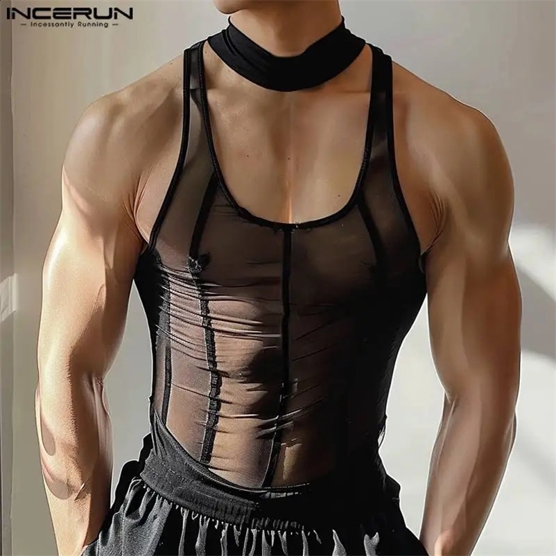 INCERUN Men Tank Tops Mesh Transparent Summer Sleeveless Sexy Male Vests Streetwear 2024 Solid Fashion Party Skinny Men Clothing250324bj
