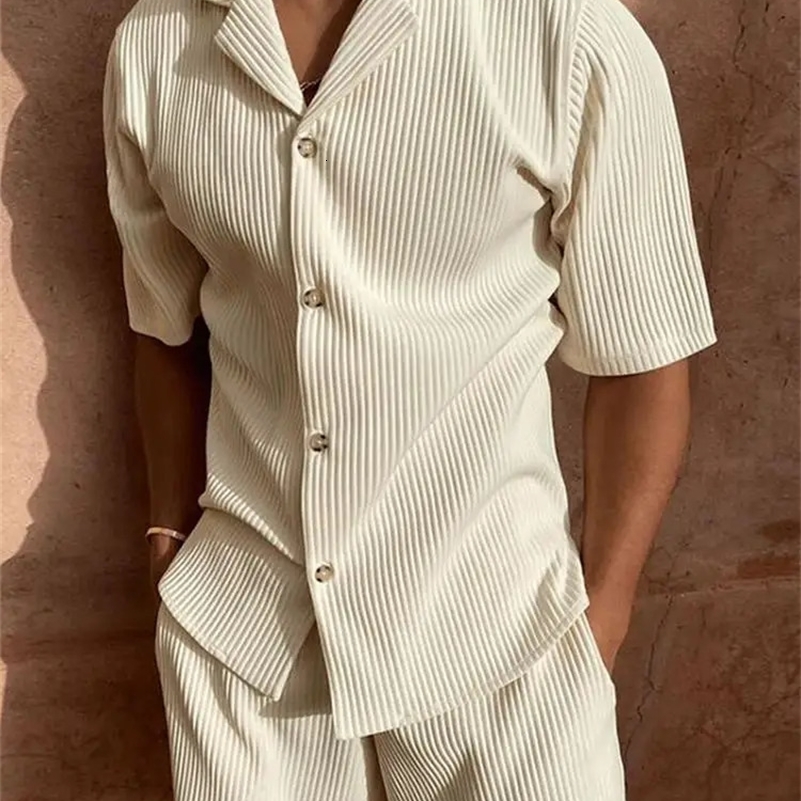 Daily Casual Mens Corduroy Outfits Solid Color Short Sleeve Ribbed Shirt And Shorts Two Piece Suits Men Streetwear Fashion Sets 250606