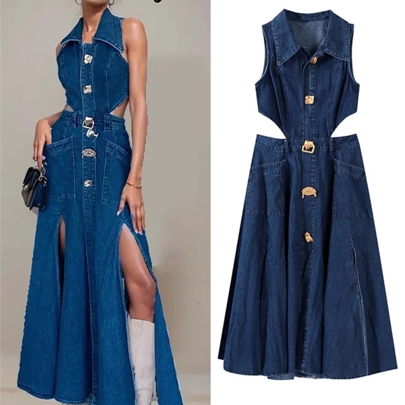 Sexy Denim Hollow Out Dress Women Sleeveless Turndown Collar Side Split Long Dresses Female Summer Lady Robe 240828