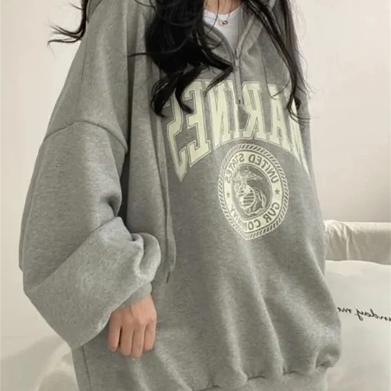 Jmprs Oversize Lazy Wind Hoodies Women Korean Harajuku Letter Loose Sweatshirt Casual Zipper Long Sleeve Bf Vintage Pullovers 240819