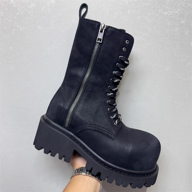 High Heel Men Thick Soled Platform Boot Fashion Genuine Leather Man Black Lacing Up Boots