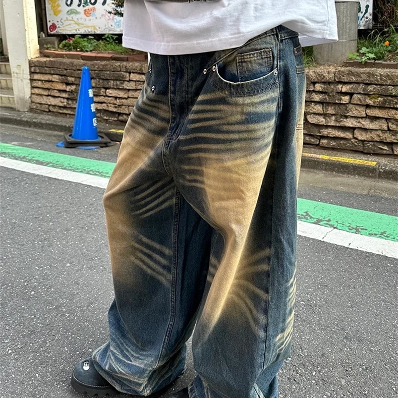 High Street retrò di grandi dimensioni lavate gialle in difficoltà jeans gambe jeans y2k coppia di pantaloni sciolti dritti jeans 240819