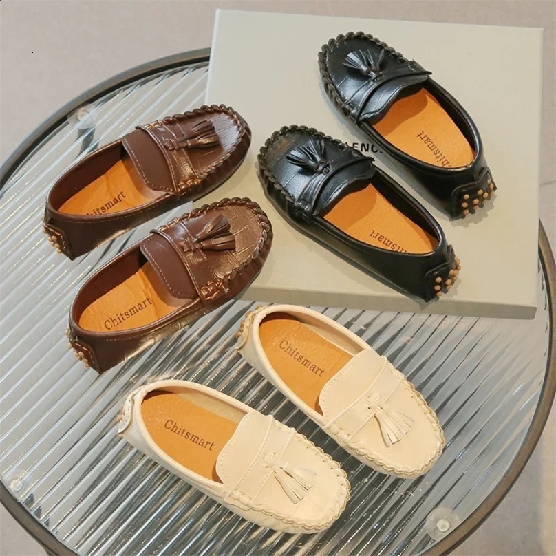 Children Moccasin Shoes Boys Flats Loafers Non-slip Tassels Cute Kids Casual Leather Shoes Soft Slip-on Pleated Solid Color 250305