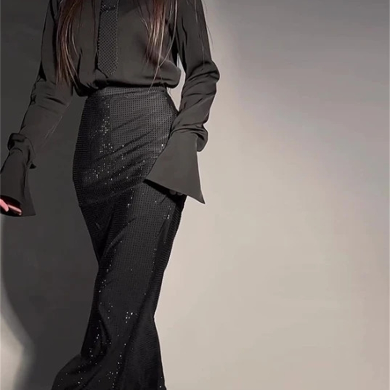 Womens two-piece fashionable and elegant diamond long sleeved shirt top and rhinestone patchwork button Maxi long sleeved set 240904bj