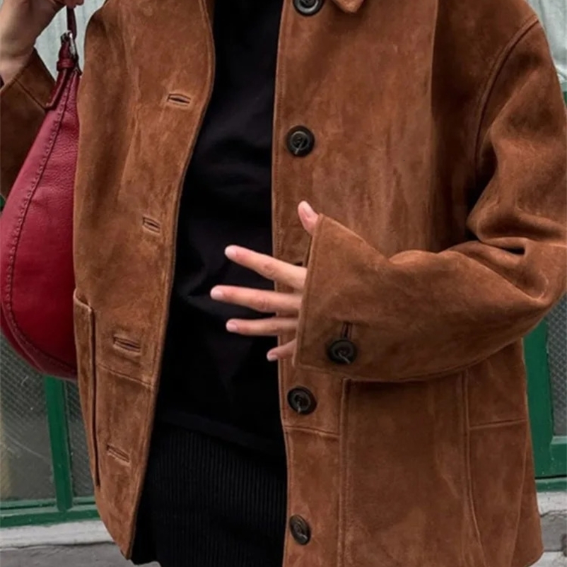 Retro brown suede womens jacket solid color single corset jacket autumn casual loose womens jacket 240914bj