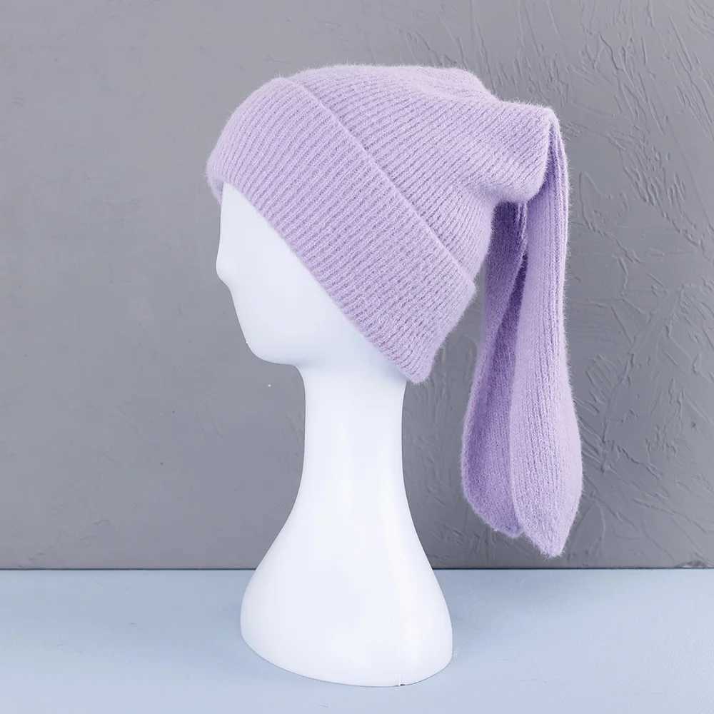 2023 cute Rabbit ears Beanies Soft Warm Fluffy Winter Hat for Women Knitted Hat Skullies Beanies Female Bonnet Solid colorXJ250923