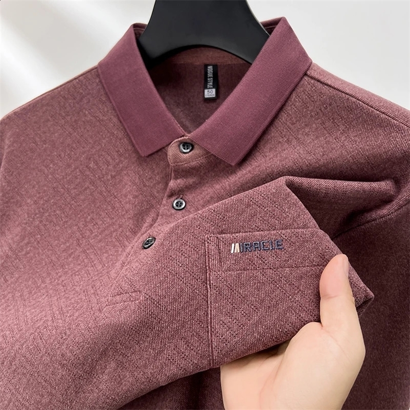 High quality long sleeved mens polo shirt automatic fashion personalized pocket embroidery jacquard golf top silk casual T-shirt 250409