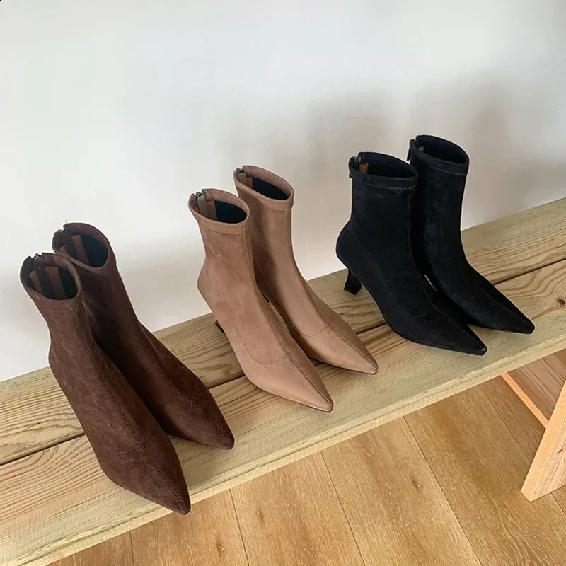 Vintage Women Ankle Boots Fashion Pointed Toe Shoes Autumn Winter High Heel Ladies Elegant Stretch Slim Short Booties 250122