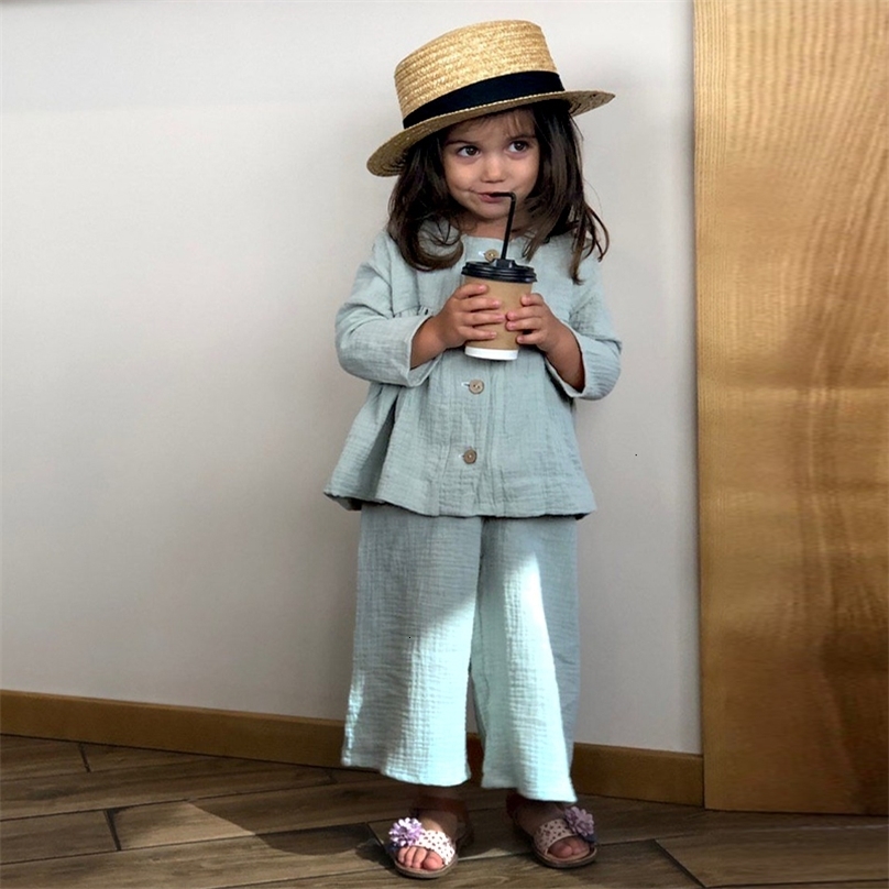 Clothing Sets 100 Cotton Muslin Suit For Girls Spring Autumn Children s Casual Shirt With Buttons And Pants Kids Clothes TZ020 230412