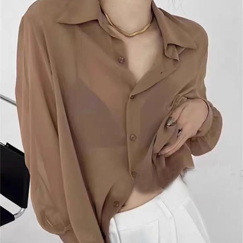 Waterproof transparent womens mesh long sleeved solid color summer loose chiffon shirt Korean fashion cardigan 250322