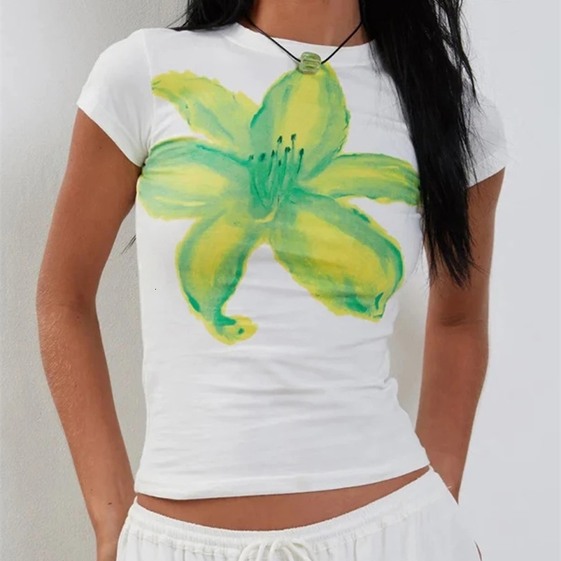Women Flower Print T-shirts Summer Crew Neck Short Sleeve Slim Fit Baby Tee for Casual Daily Female Crop Tops Streetwear Y2K 00s250411bj