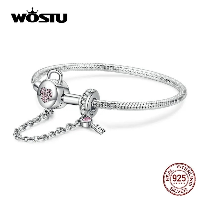 Chain WOSTU 100% 925 Sterling Silver Heart Key Safety Chain Bracelets Pink Zircon Charm Bangle For Women Silver 925 Jewelry CQB143 231204