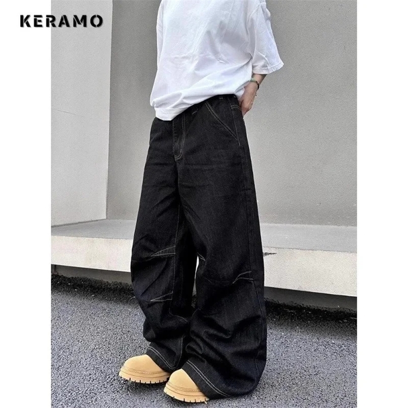 American Retro Oversized Grunge Street Jeans Pockets Mop Y2K Washed Pants Womens Emo Casual Hip-hop Baggy Denim Trouser 250214