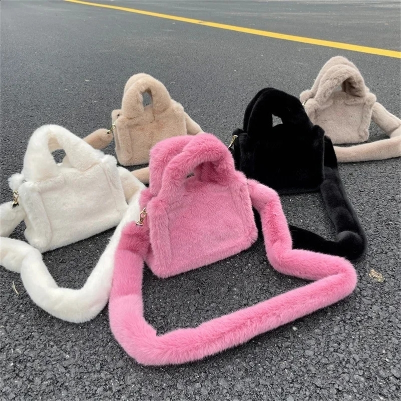 Simple Solid Color Faux Fur Womens Shoulder Bags Soft Plush Tote Crossbody Bag for Ladies Female Fluffy Handbags Purse 241105