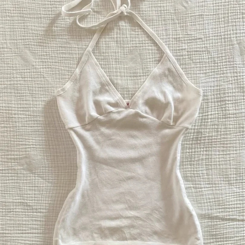 Sweet V-neck Halter Tank Tops Women Summer All-match Sexy V-neck Slim Camisole Casual Vintage Preppy Style Cute Crop Top Y2K 250425