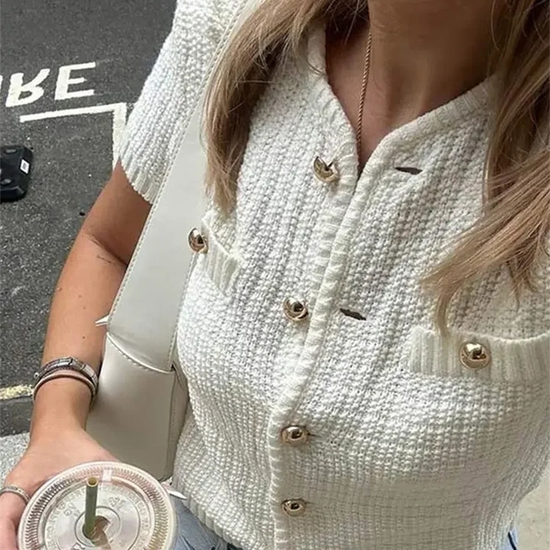 Elegant Knitted Coarse Hemp Open Collar Womens Solid Single Chest O-Neck Short Sleeve Sweater Tank Top 2024 Autumn Womens Full Match Top 241206bj