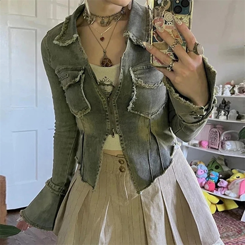 Streetwear Vintage Denim Cropped Jean Jacket Women Pocket Zipper Long Sleeve Lapel Grunge Coat Stitch Kpop Outerwear Coats 240828