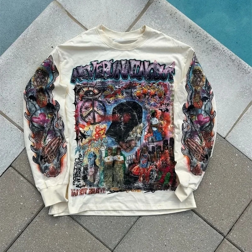 American Harajuku printed long-sleeved tops for men anime high street fashion big T-shirts for women Y2k street rock tops 250113