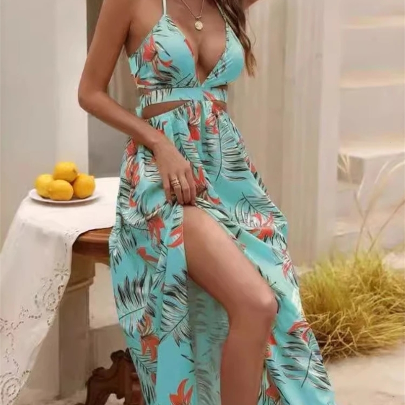 2024 Summer Fashion Womens Elegant Printed Bohemian Sexy Beach Style Bareback Bow Split Party Womens Dress250425bj