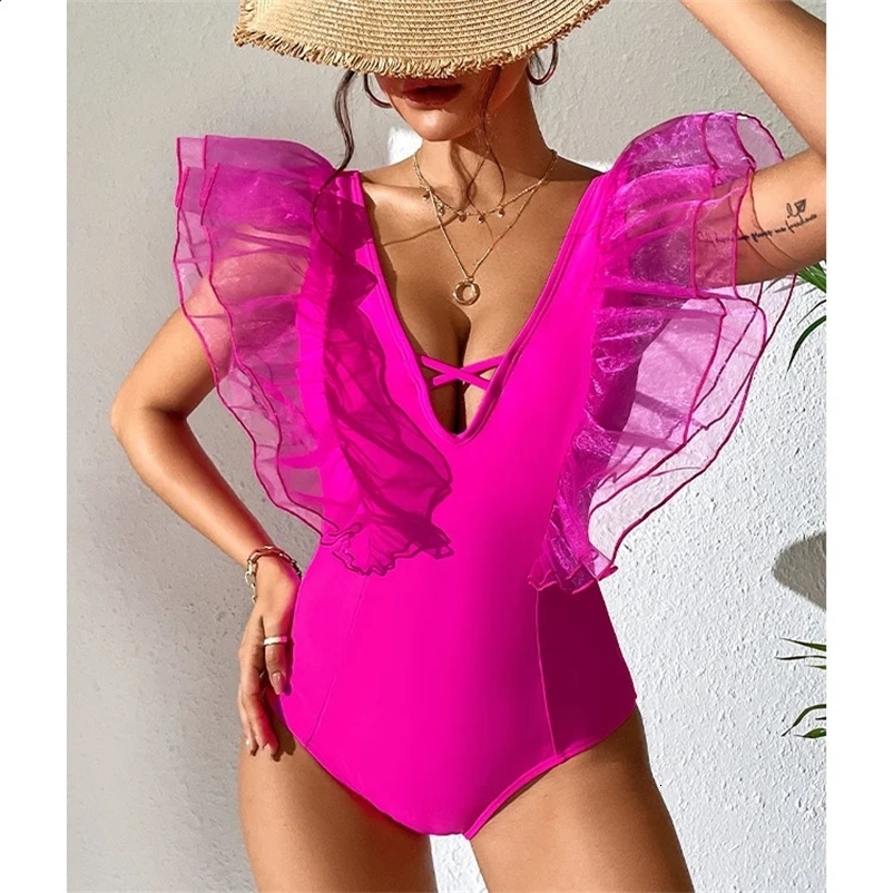 2025 womens sexy mesh pleated pink one-piece swimsuit summer V-neck beachwear 250109