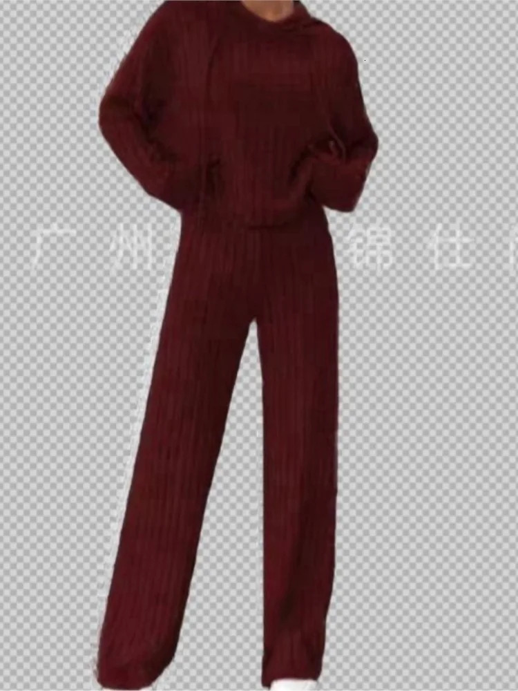 Fashion Knitted Pit Strip Womens Hooded Sweatshirt Long Sleeve 2piece Set Autumn Loose Straight Ladies Sports Trousers 250906