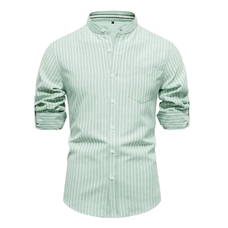 AIOPESON Solid Color Striped Mens Shirts Single Pocket Stand Collar Long-sleeved Shirts for Men Spring Social Shirts Men 240201
