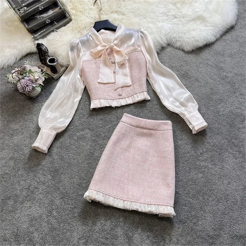 Plus Size Womens Tweed Style Autumn Suit Arrival Sweet Bow Shirt Skirt 2-Piece Set Trendy 250113