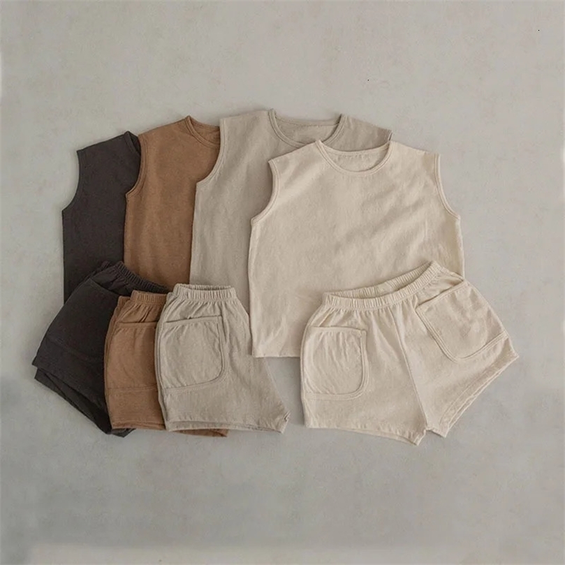 Summer Baby Boys Tank Top Tees Shorts Set 100% Cotton Solid Vest Toddler Two Pieces Sets 240625