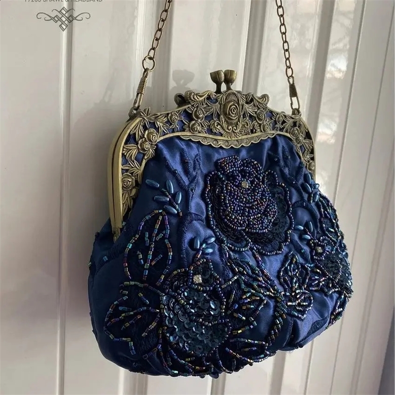 Lost in Vintage Evening Handbag Beaded Pattern Gold Rose FramClutch Purse with the 2 Detachable Removalbe Shoulder Chain Party 240907