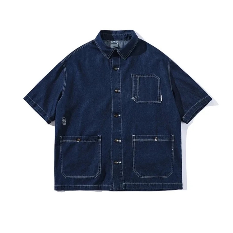 Korean Fashion Vintage Summer Denim Shirts for Men Korean Streetwear Loose Casual Short Sleeve Denim Cargo Shirts Jacket 240615