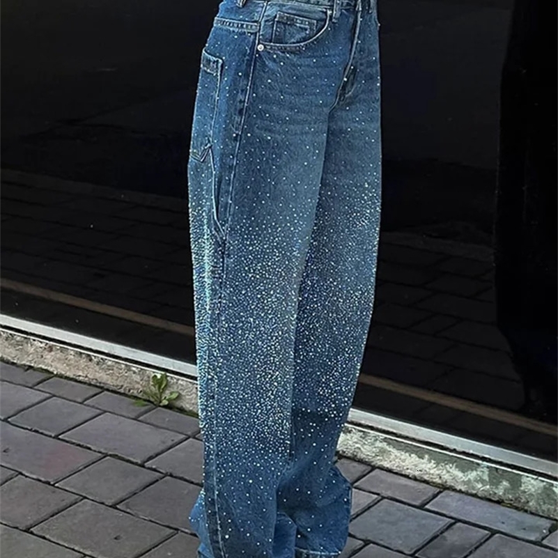 Fashion Womens Rhinestone Jeans Casual High Wait Wide Leg Pockets Denim Pants 2025 Spring Lady Y2k Street Baggy Trousers 250417