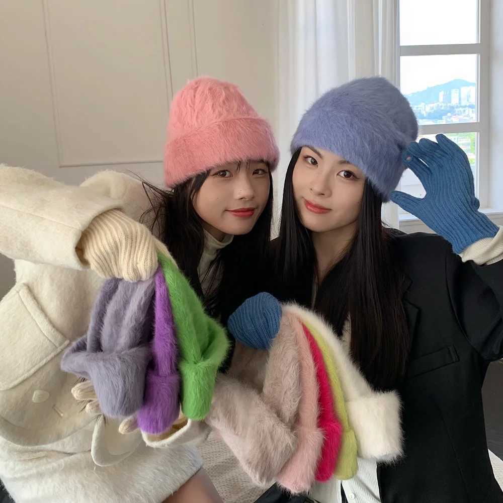 2022 new fashion Rabbit Fur Beanies Soft Warm Fluffy Bright silk Winter Hat for Women Hat Skullies Beanies Bonnet capXJ250923